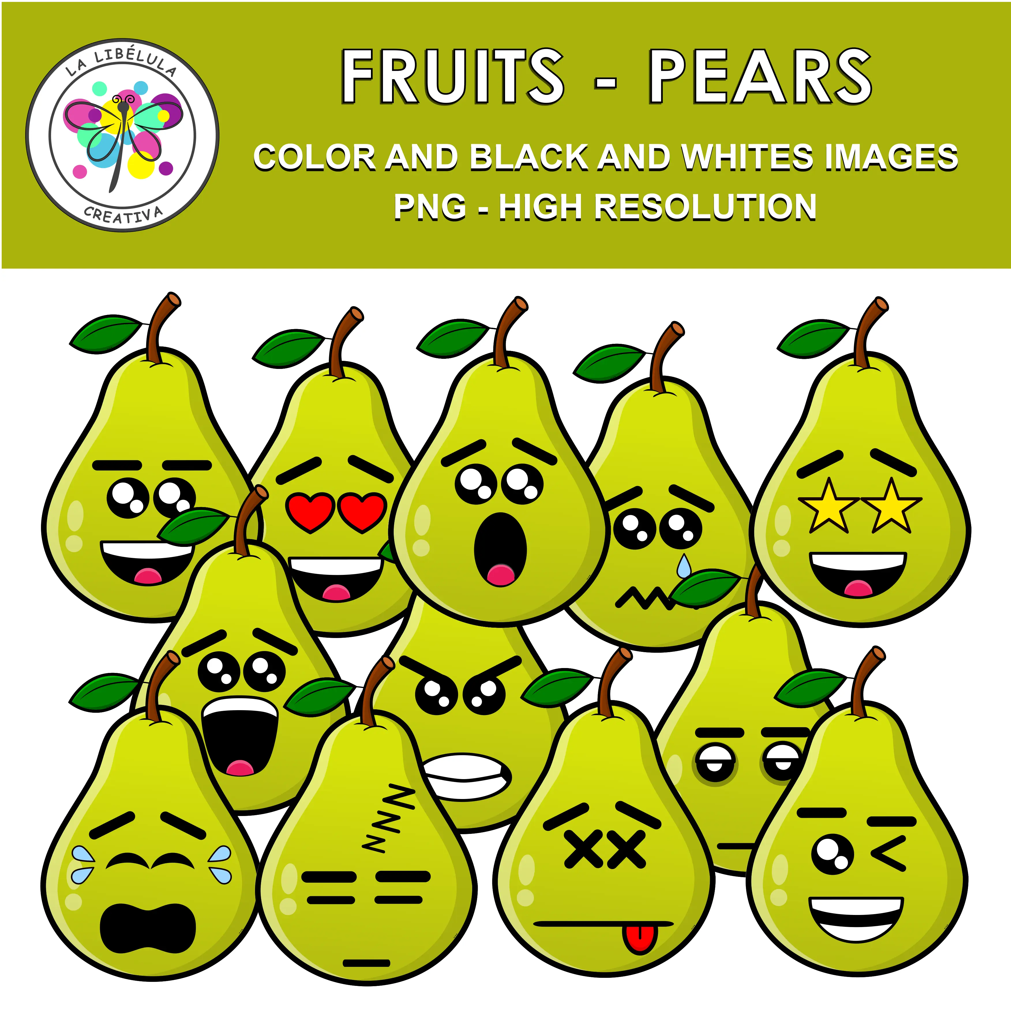 Clipart Fruits Pear Food Color BW Healthy Emoticons Emotions