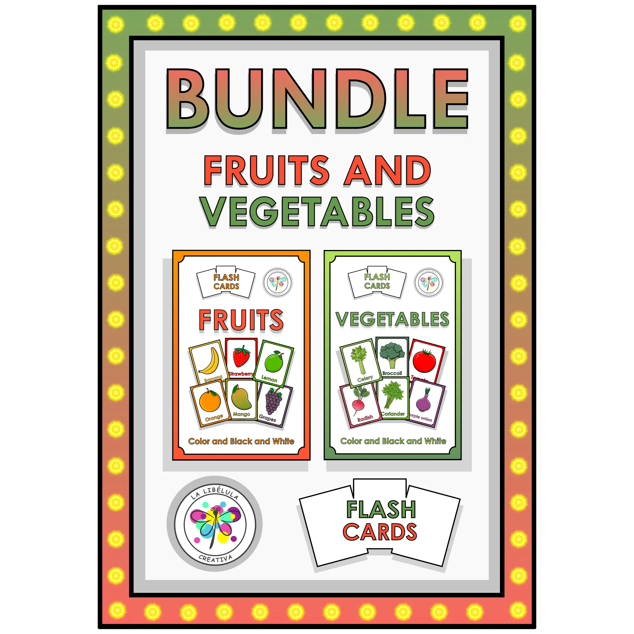 Flash Cards Vegetables Fruits Food Healthy Alimentary Groups Color BW