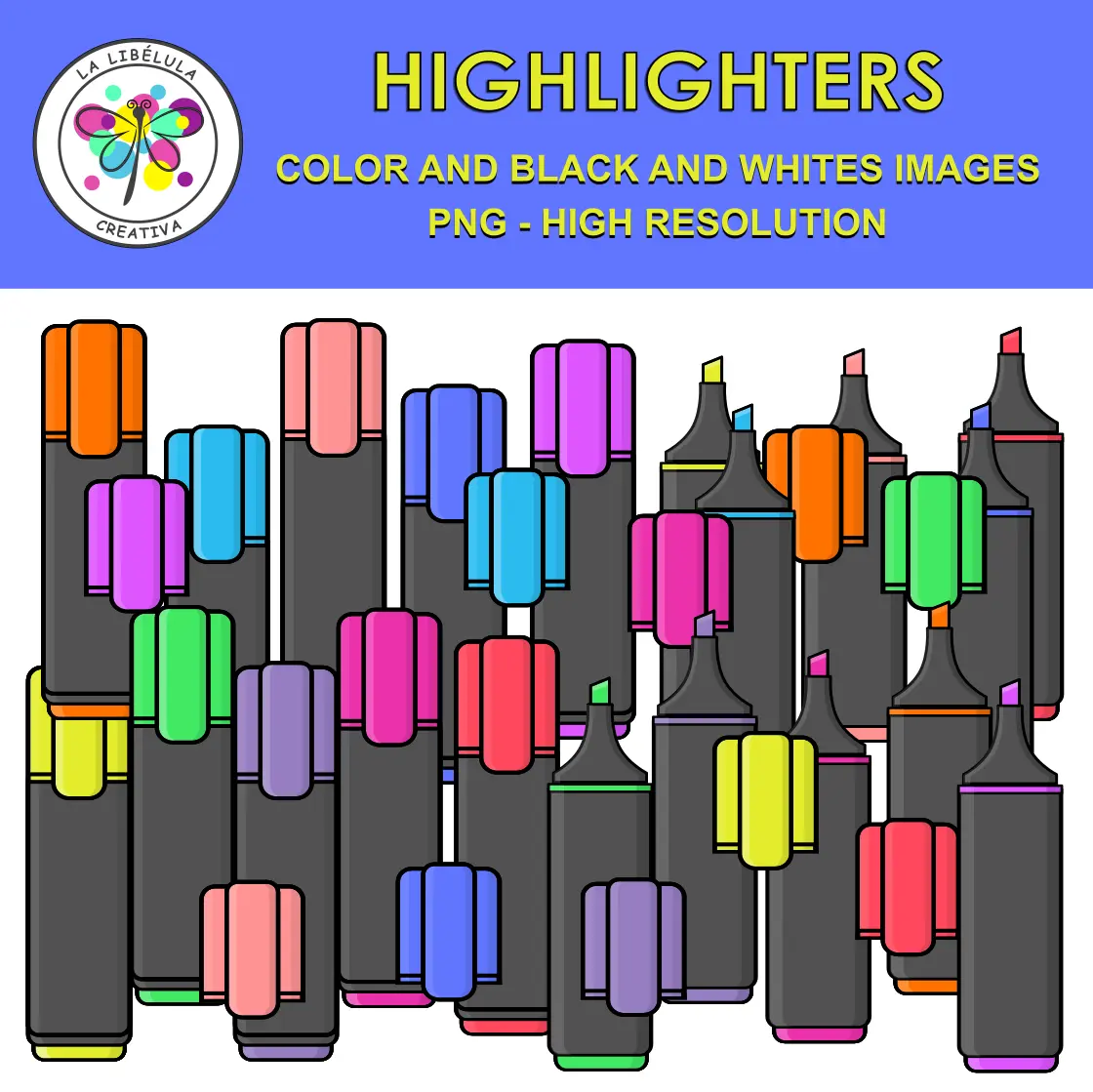 Clipart Highlighters School Supplies Color BW Markers Neon 33 Objects