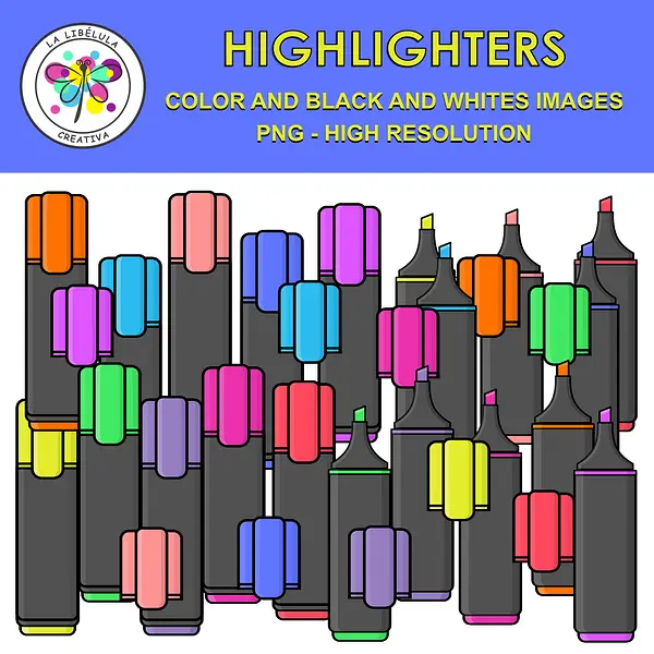 Clipart Highlighters School Supplies Color BW Markers Neon 33 Objects