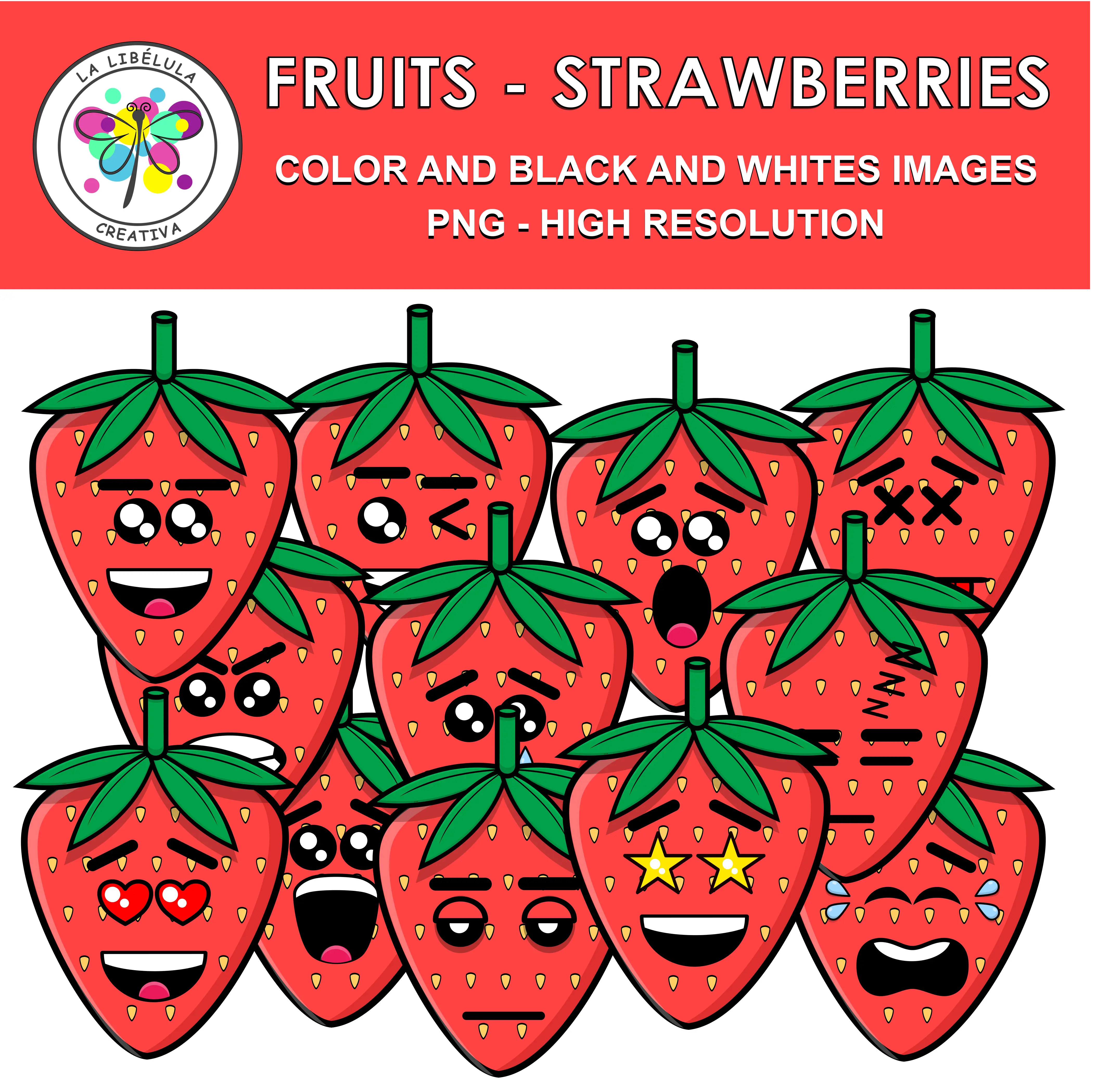 Clipart Fruits Strawberry Food Color BW Healthy Emoticons Emotions