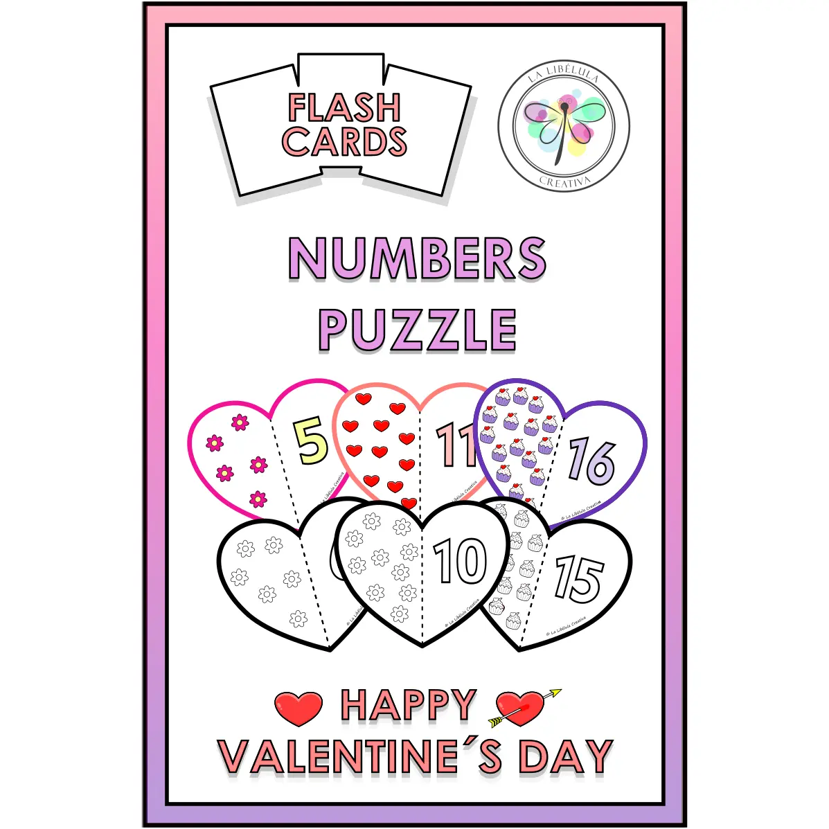 Flash Cards Valentine´s Day Numbers Puzzle Cut Count Color Math