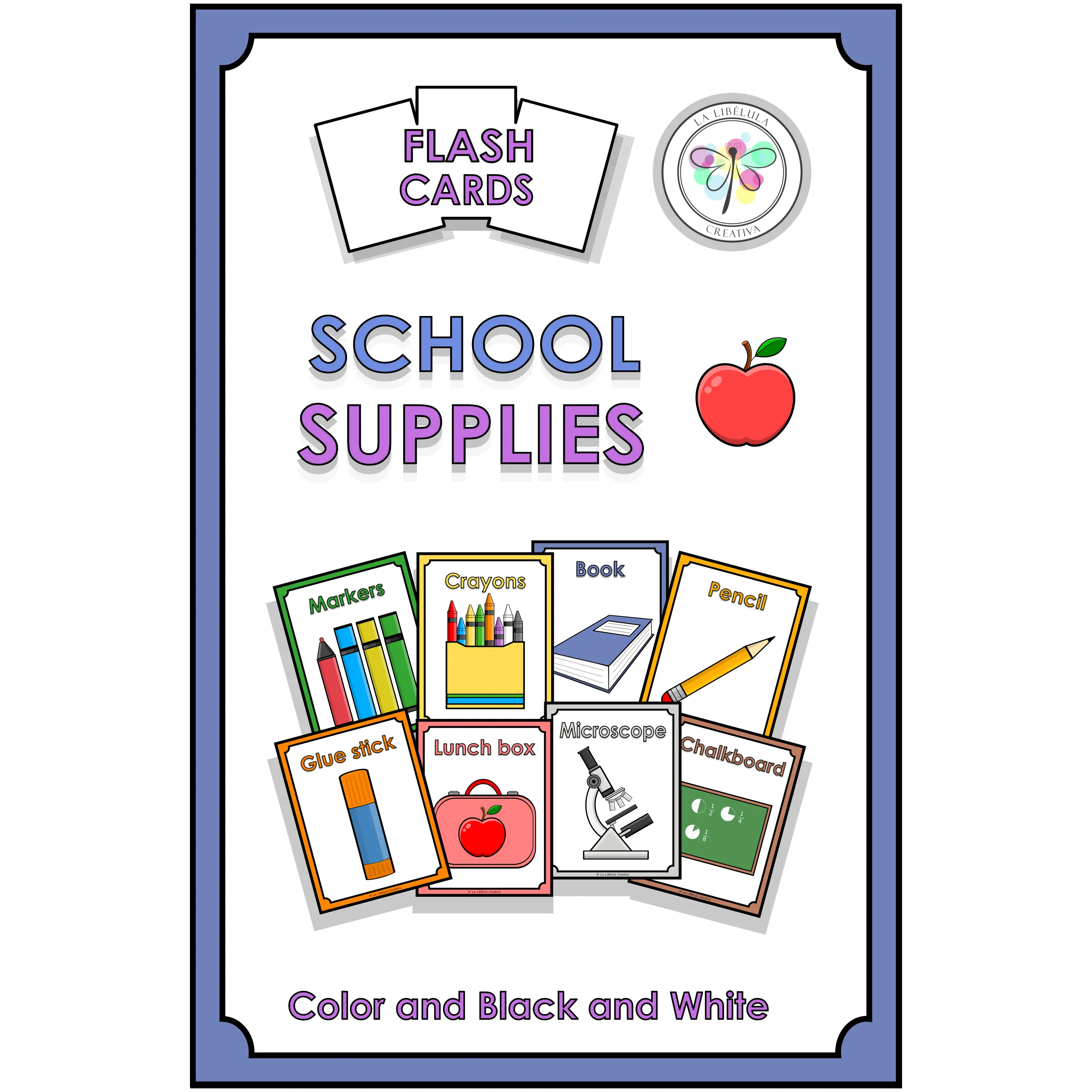 Flash Cards School Supplies Back to School Cut Color Black and White