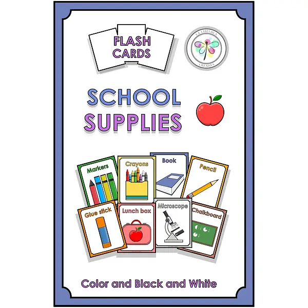 Flash Cards School Supplies Back to School Cut Color Black and White