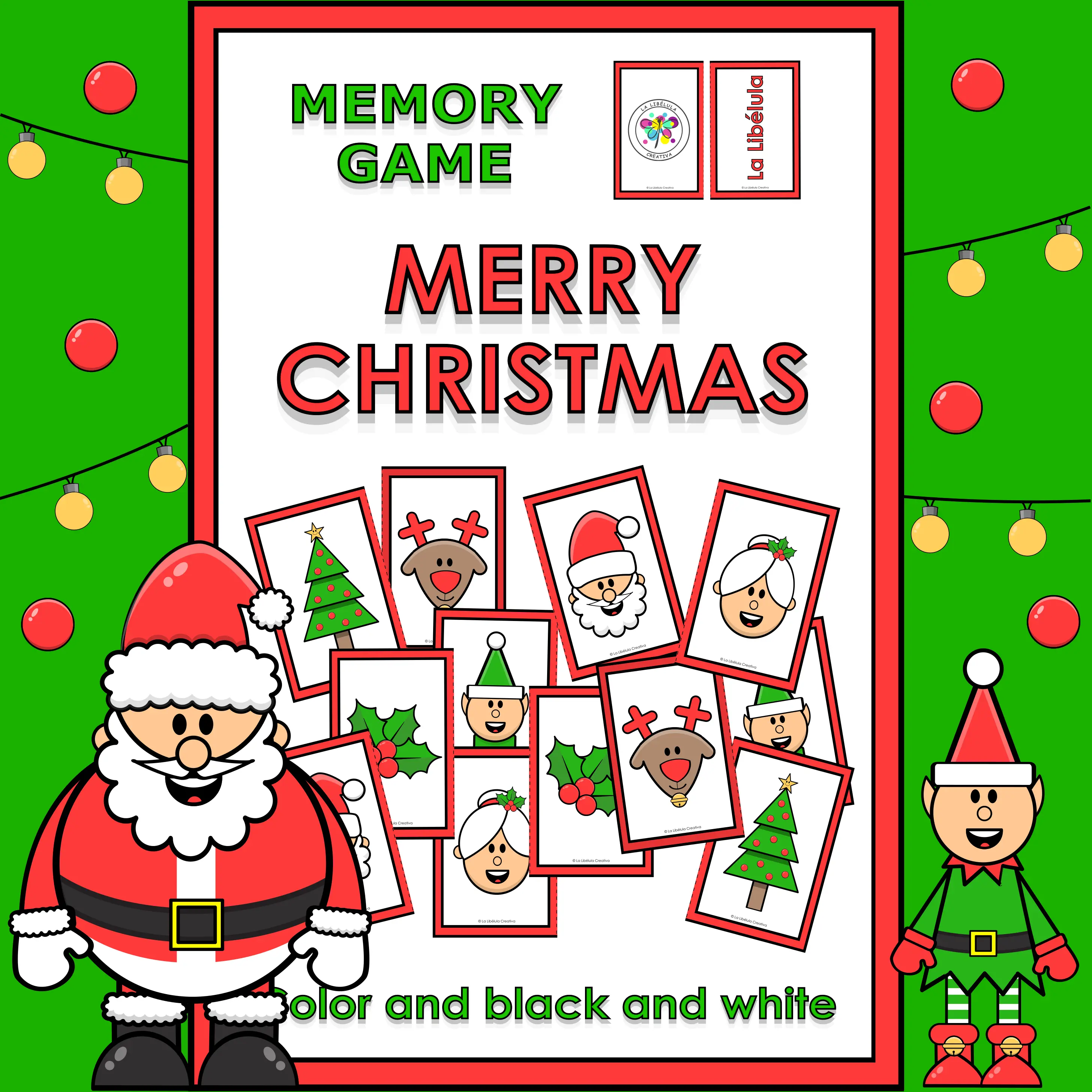 Memory Match Game Christmas Characters Color BW Faces Pairs