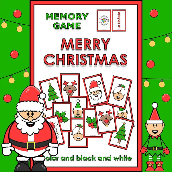 Memory Match Game Christmas Characters Color BW Faces Pairs