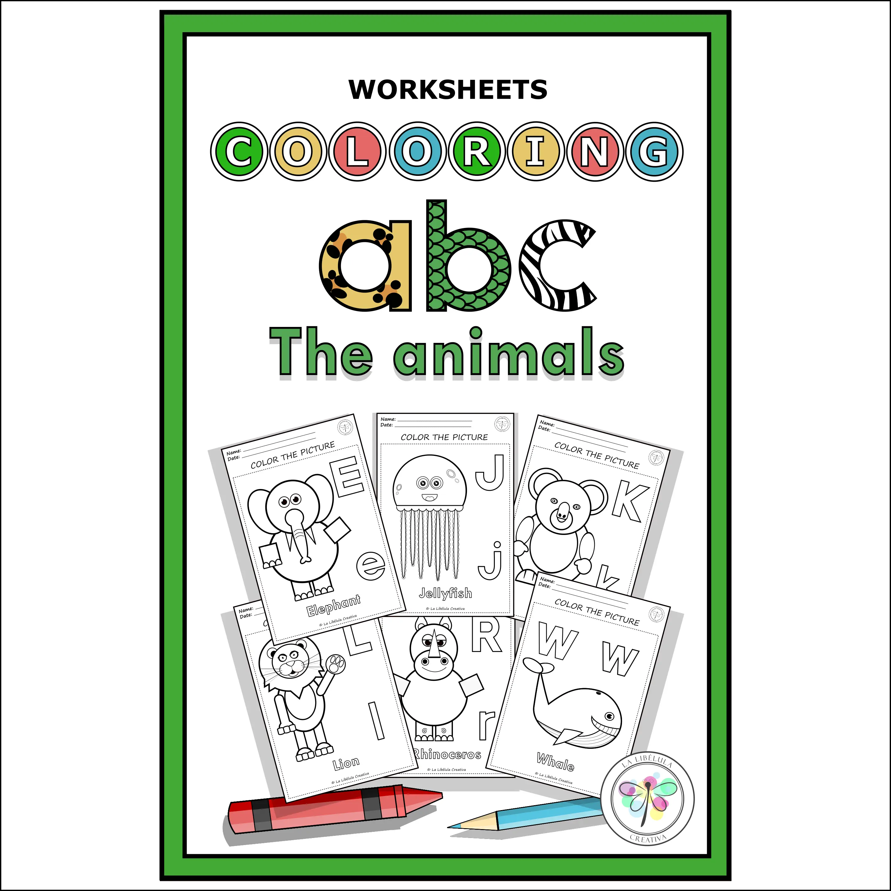 Coloring Worksheets Alphabet Animals Lion Elephant Zebra Cow ABC