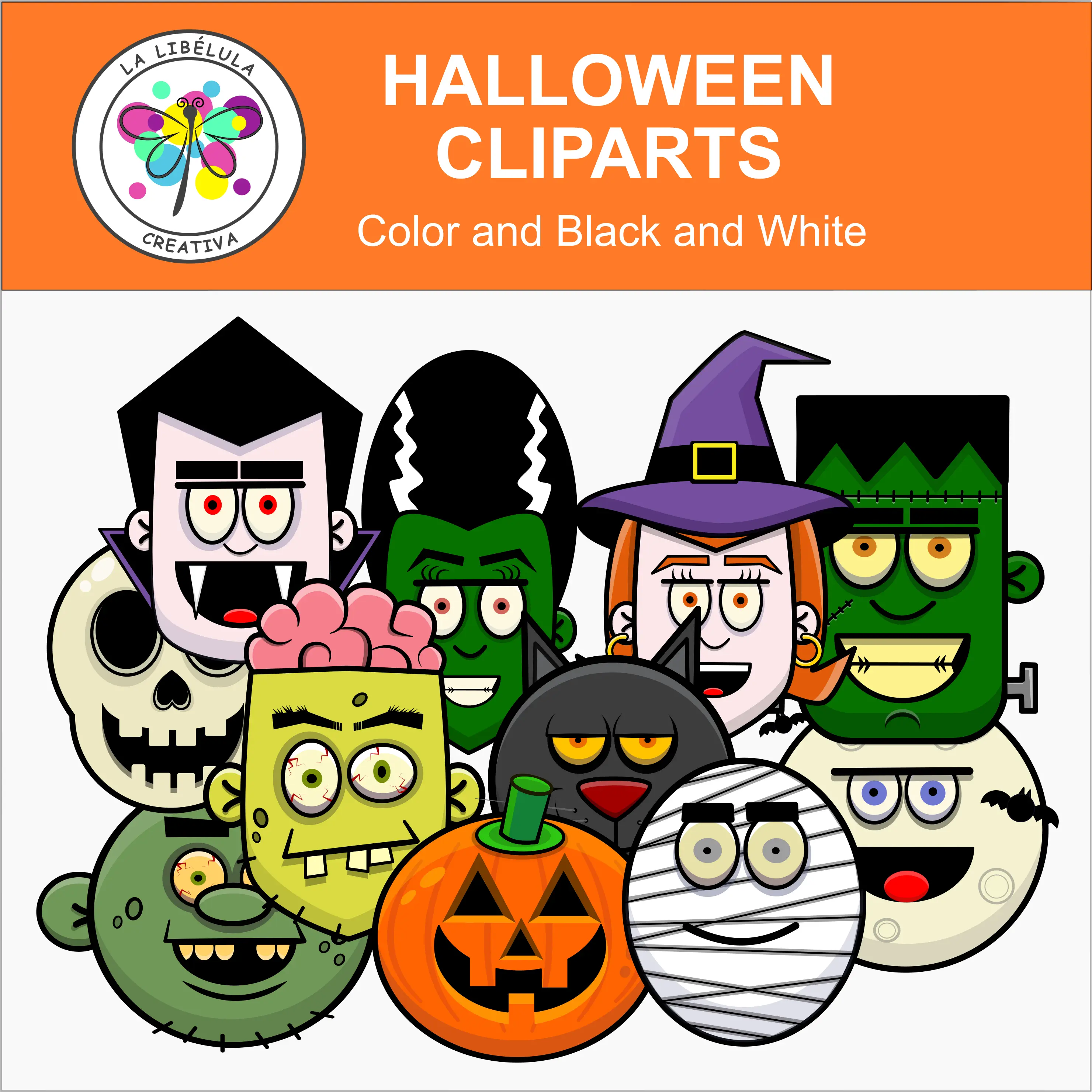 Clipart Colored Halloween Characters Color Faces October Costume BW 24 Set