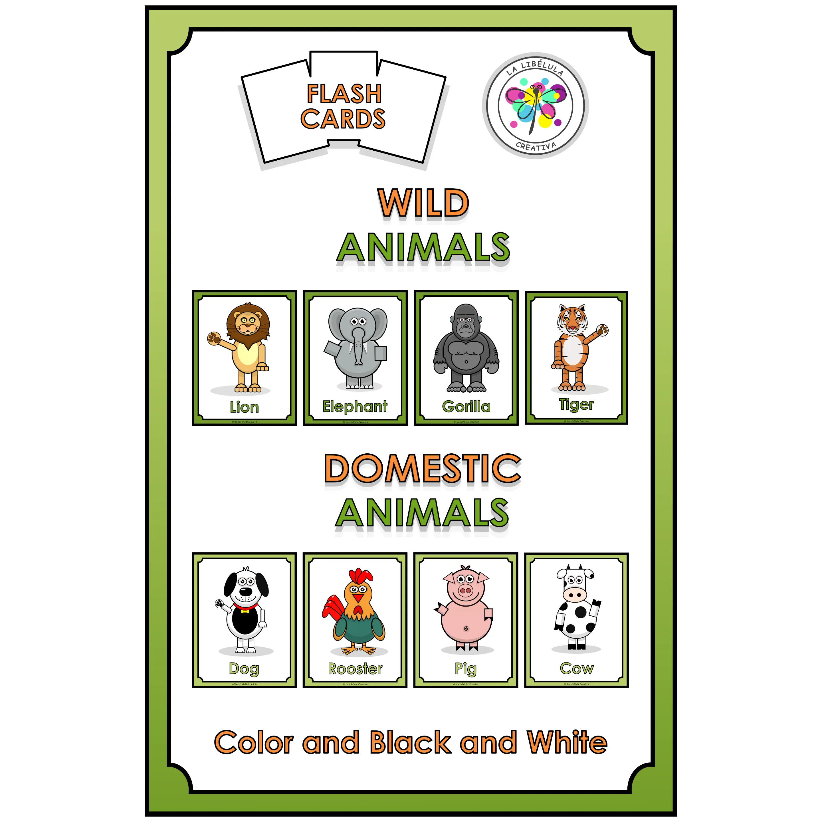 Flash Cards Animals Wild Domestic Color Cut BW Pet