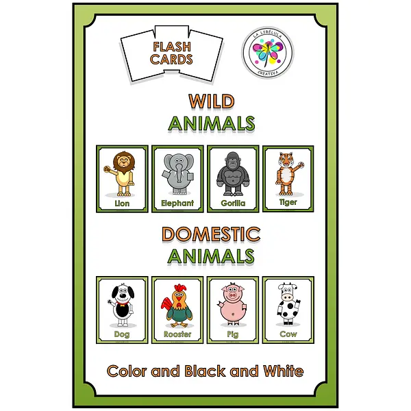 Flash Cards Animals Wild Domestic Color Cut BW Pet