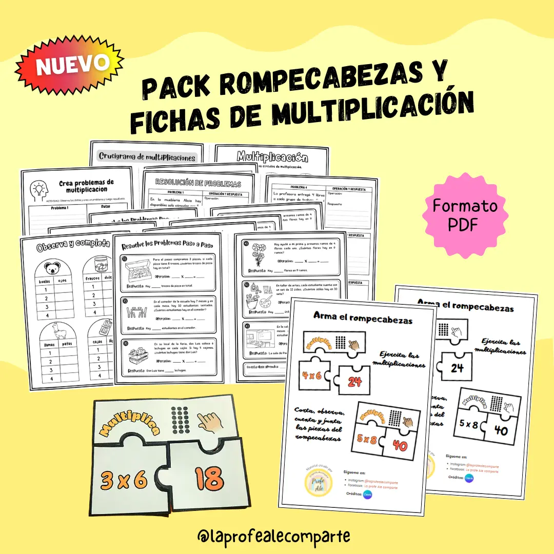 Pack Rompecabezas y fichas de ejercicios y resolución de problemas de multiplicación