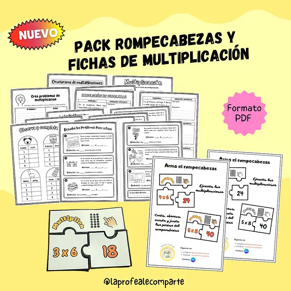 Pack Rompecabezas y fichas de ejercicios y resolución de problemas de multiplicación