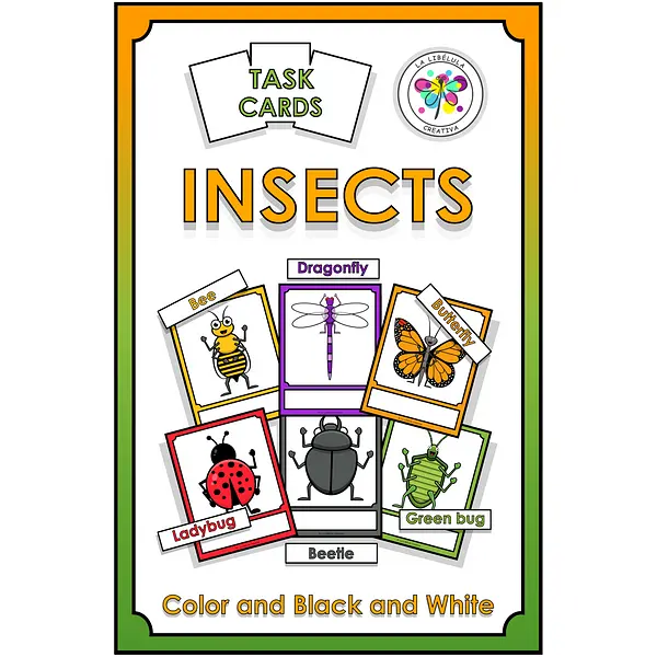 Task Cards Insects Animals Black and White Cut Color