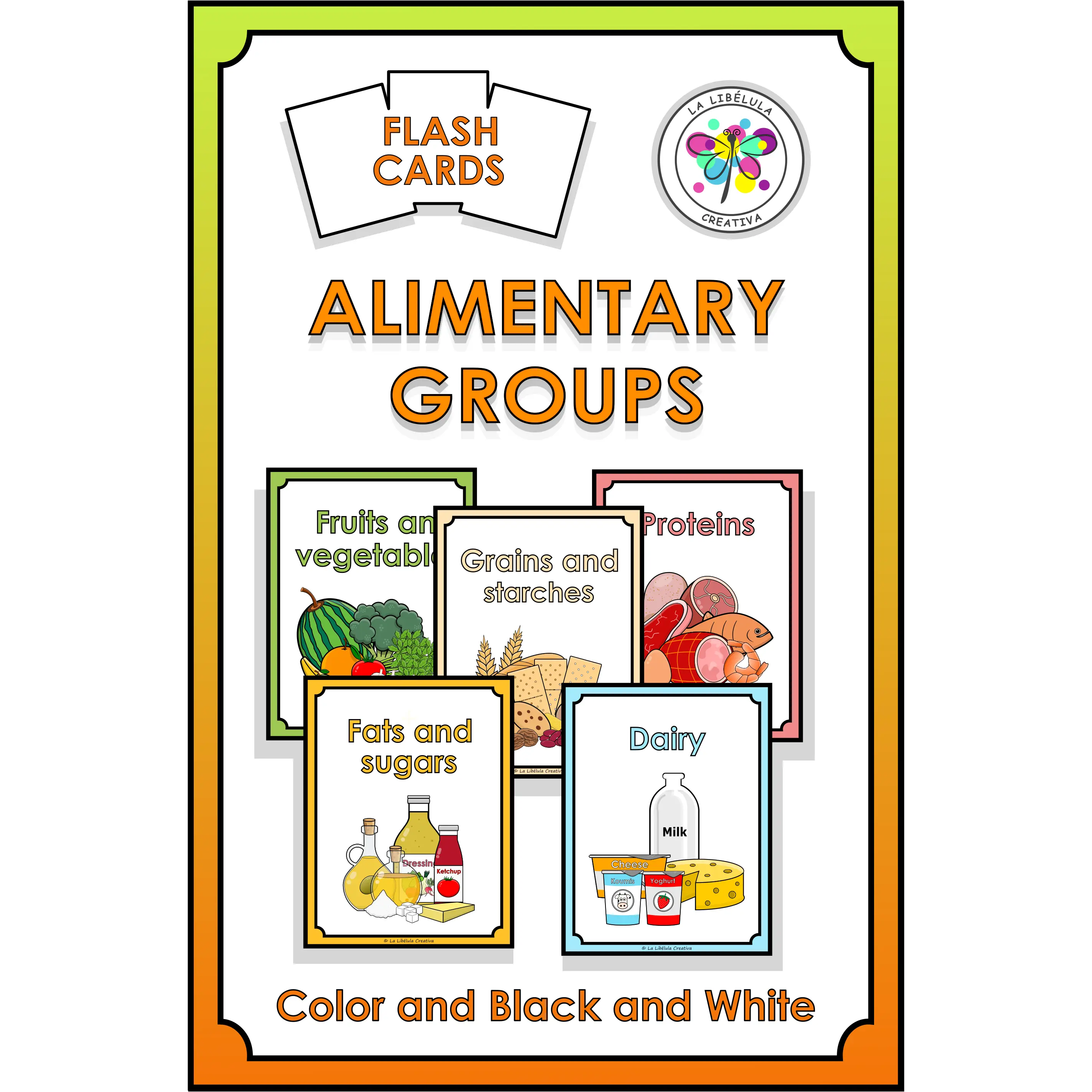 Flash Cards Alimentary Groups Food Healthy Color Cut BW