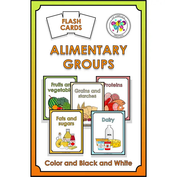 Flash Cards Alimentary Groups Food Healthy Color Cut BW