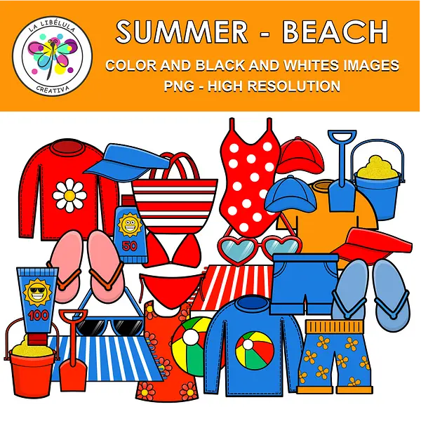 Clipart Summer Sun Beach Color BW Vacations Clothes Sand 46 Objects