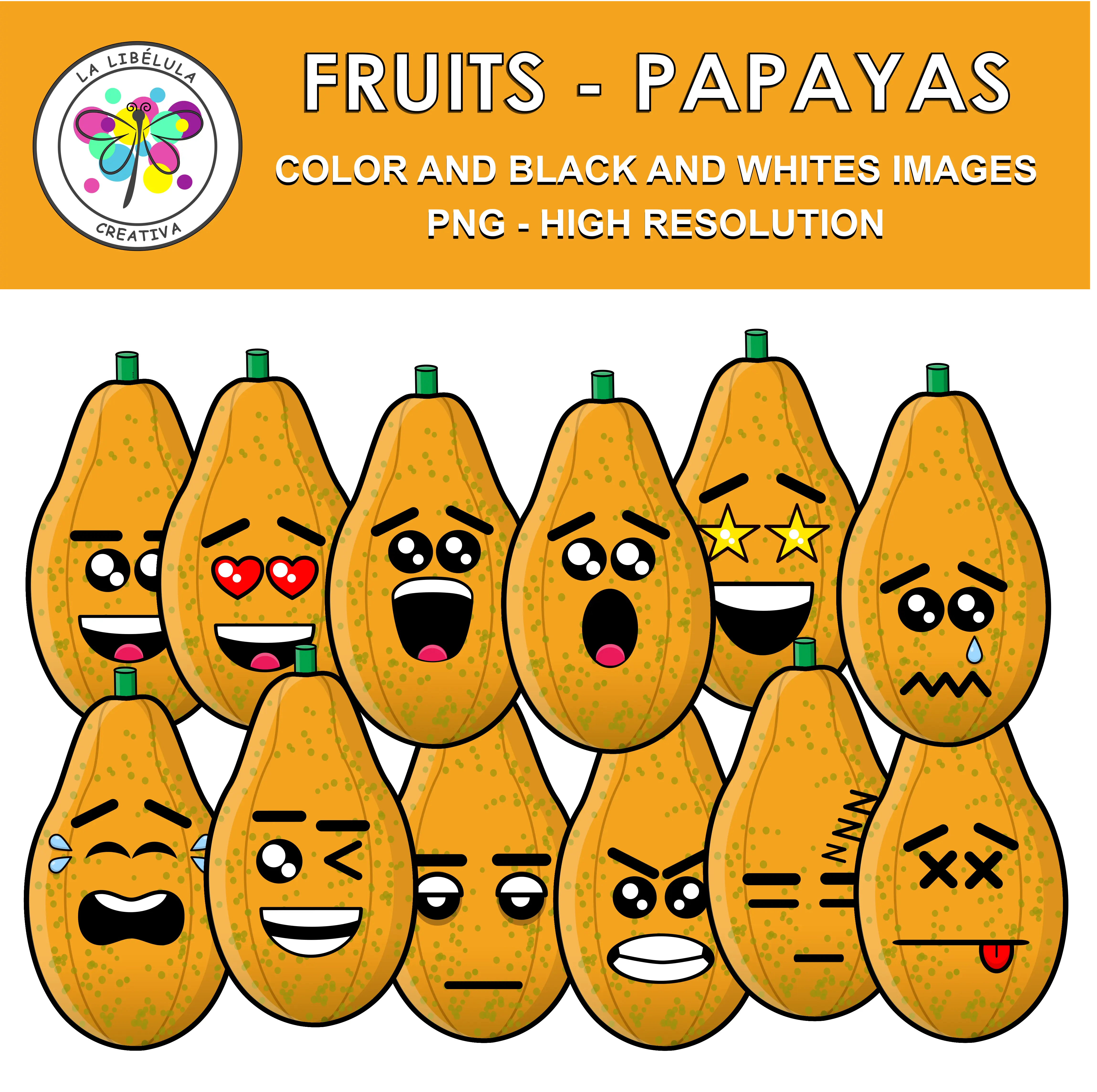 Clipart Fruits Papaya Food Color BW Healthy Emoticons Emotions