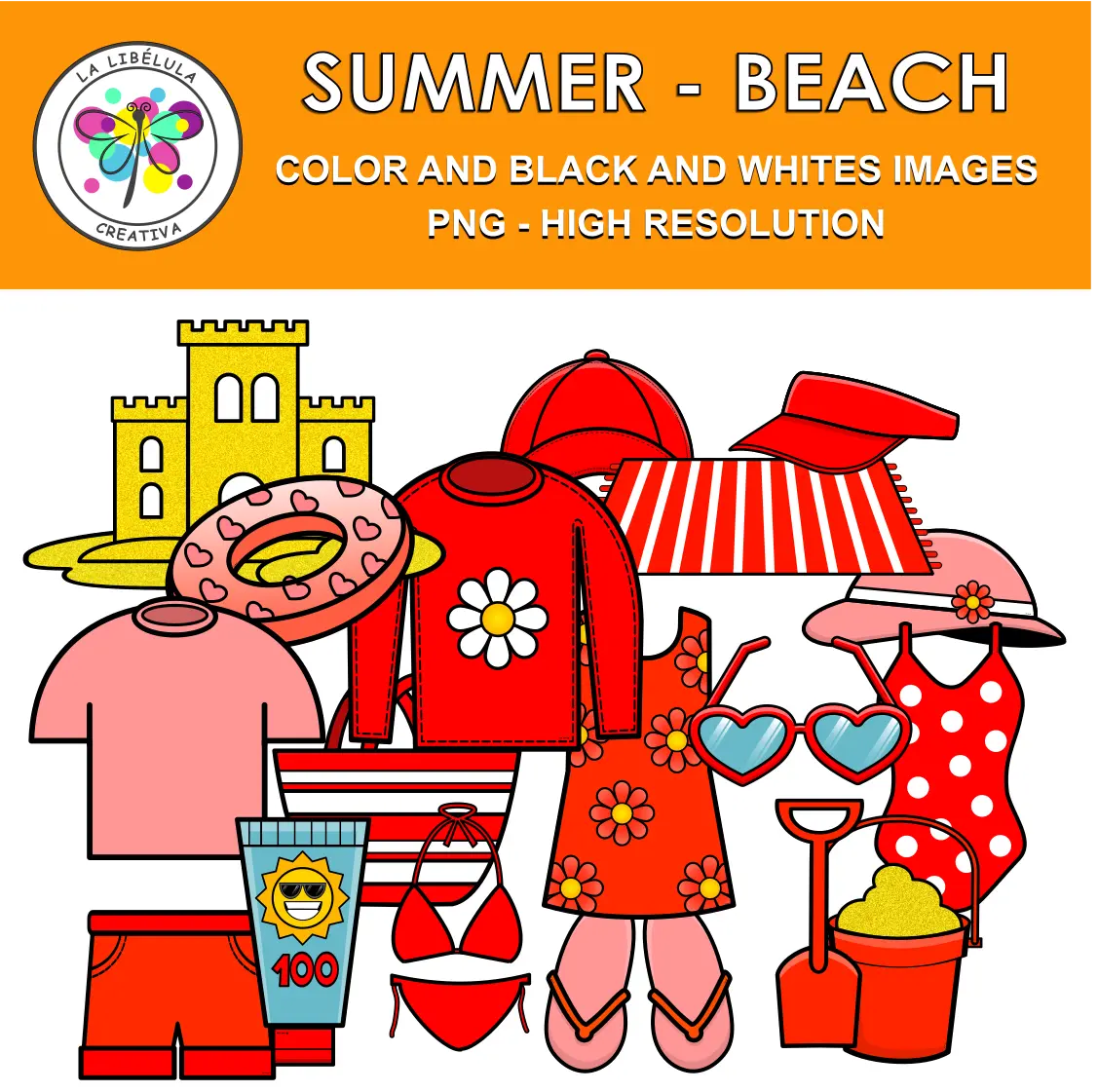 Clipart Summer Sun Beach Color BW Vacations Clothes Sand 36 Objects Red