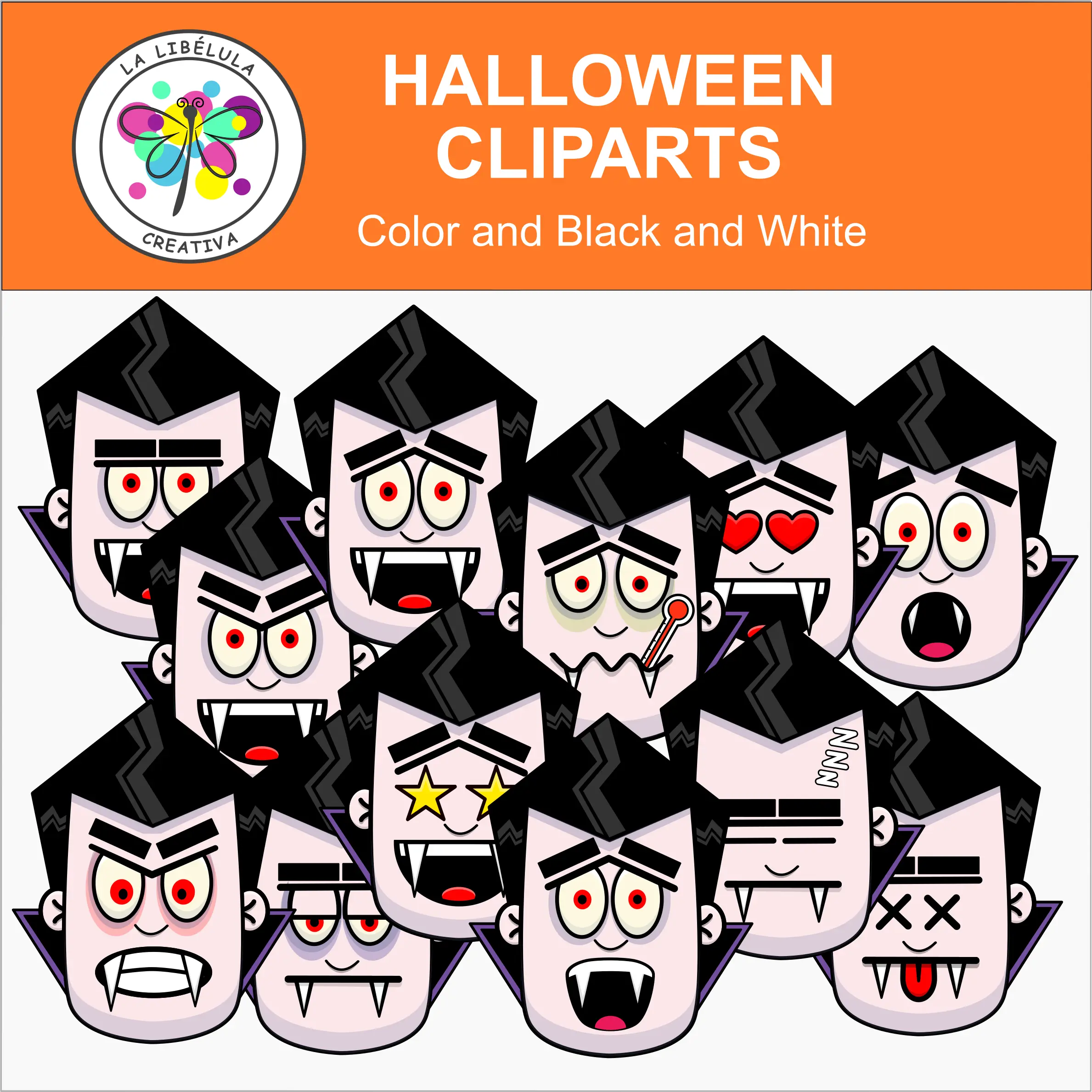 Clipart Colored Halloween Vampire Color Faces October Emotions BW 24 Set