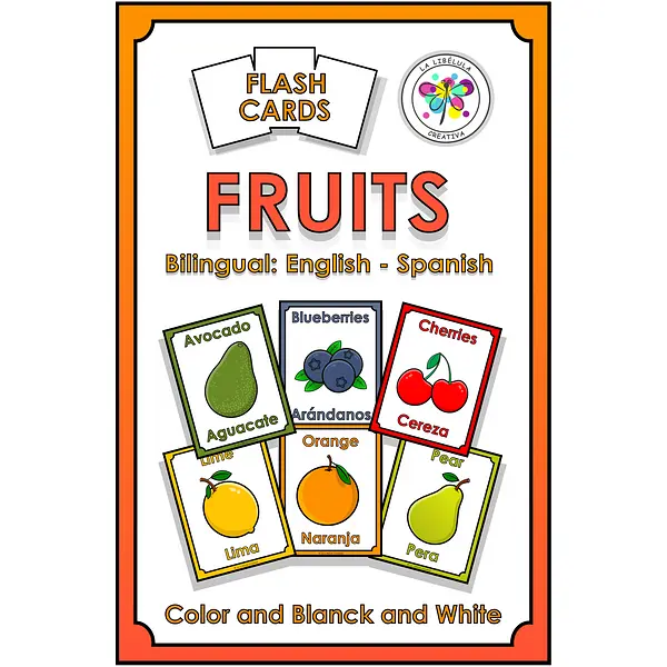 Flash Cards Fruits Color Cut Food Healthy Bilingual English Spanish