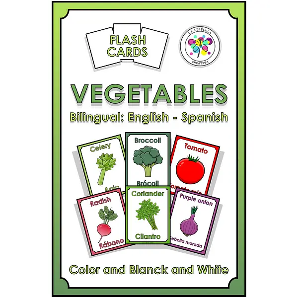 Flash Cards Vegetables Color Cut Food Healthy Bilingual English Spanish