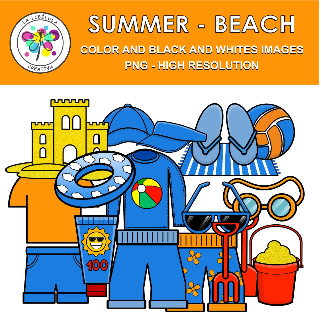 Clipart Summer Sun Beach Color BW Vacations Clothes Sand 36 Objects Blue