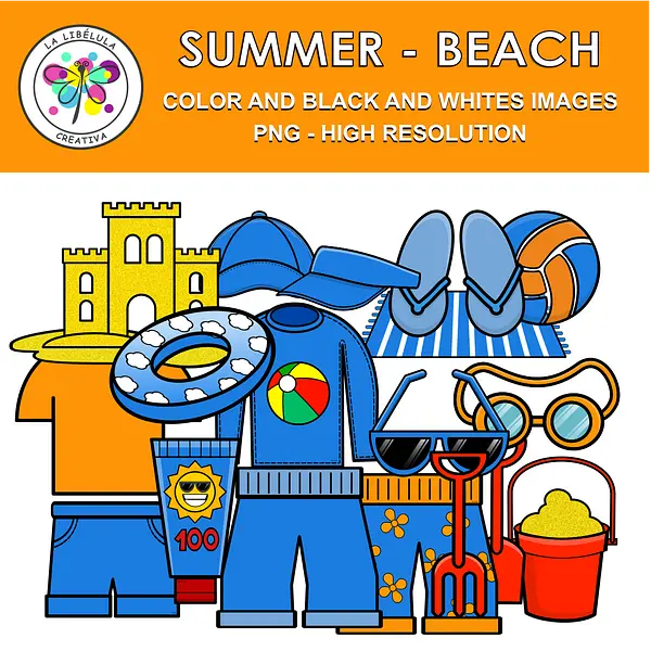 Clipart Summer Sun Beach Color BW Vacations Clothes Sand 36 Objects Blue