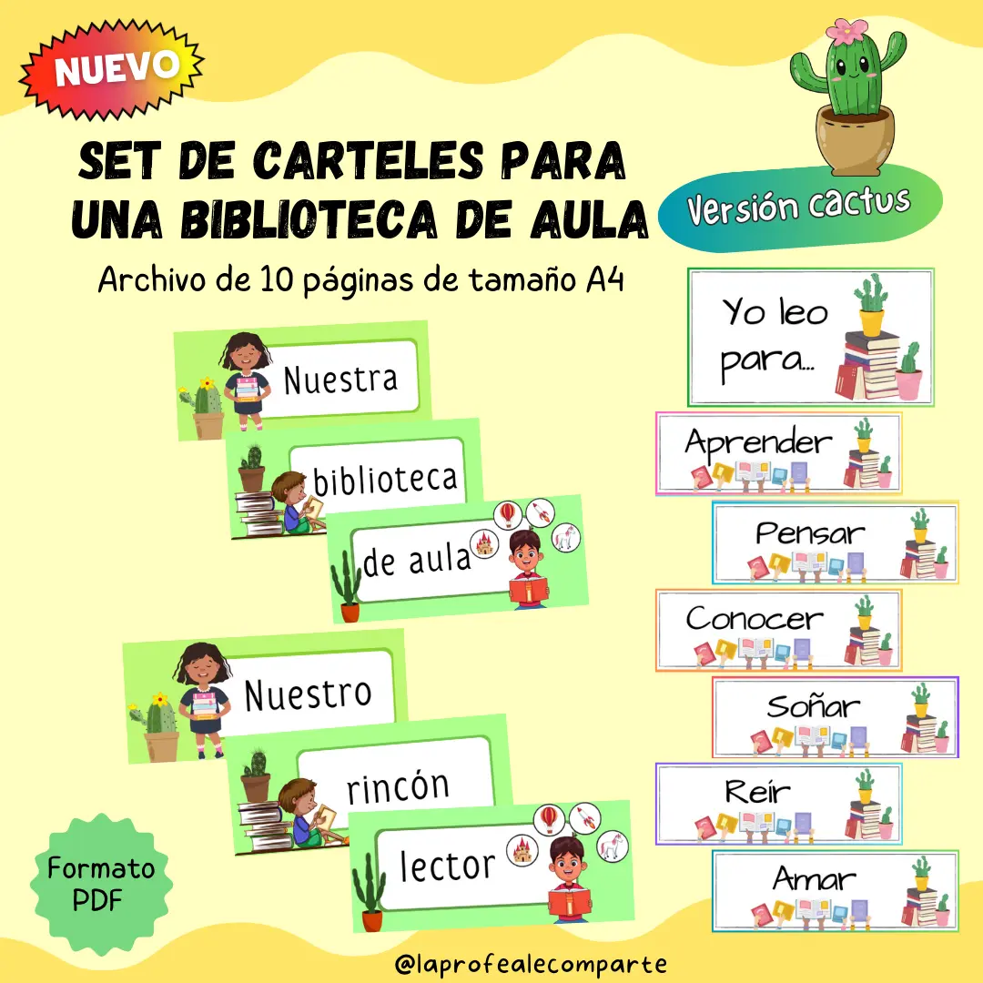 Pack Cactus Biblioteca de aula y etiquetas para aula letrada