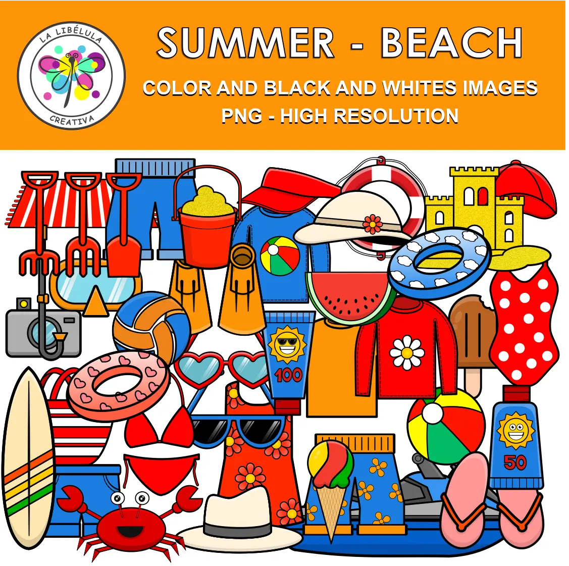 Bundle Clipart Summer Sun Beach Color BW Vacations Clothes Sand 100 Objects