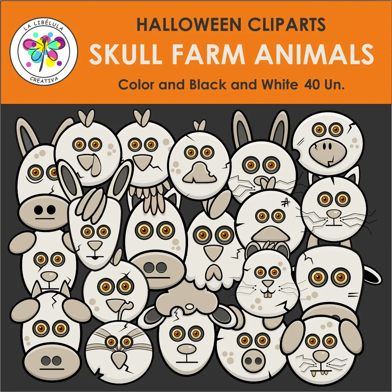 Clipart Halloween Farm Skulls Characters Color Faces October BW 40 Set