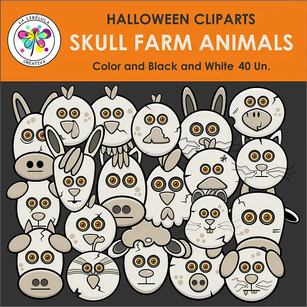 Clipart Halloween Farm Skulls Characters Color Faces October BW 40 Set