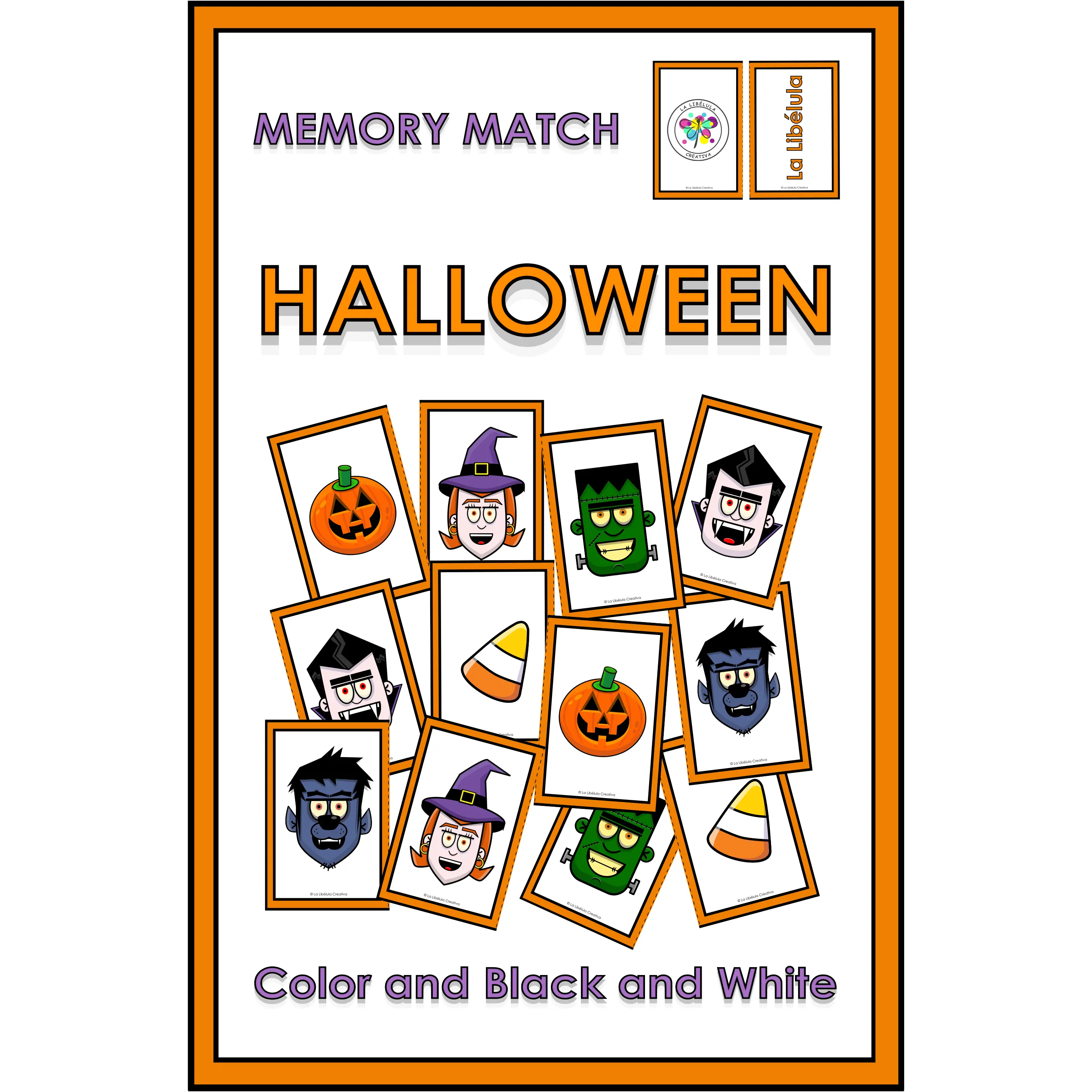 Memory Match Game Halloween Characters Color BW Faces Pairs