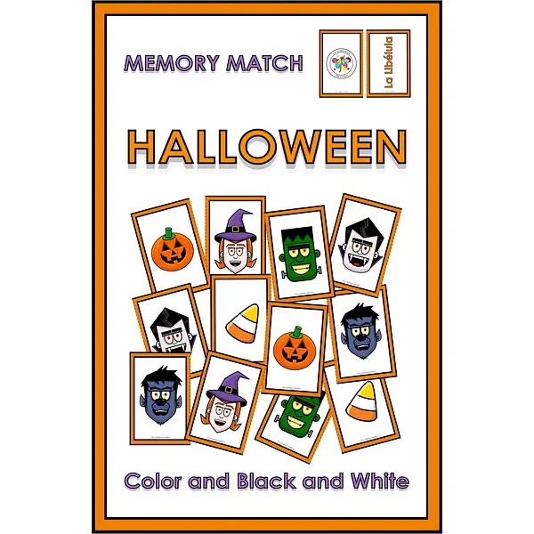 Memory Match Game Halloween Characters Color BW Faces Pairs