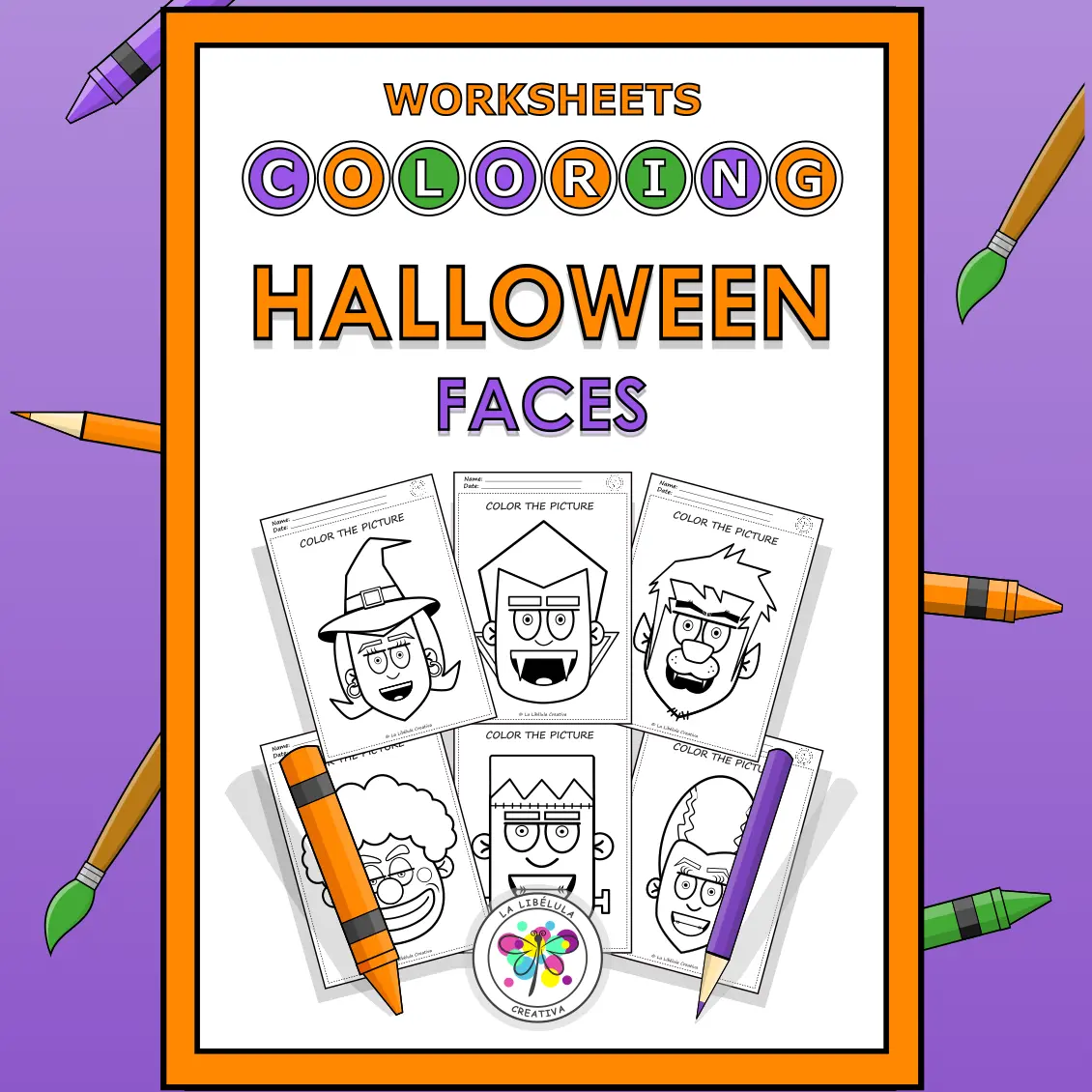 Coloring Worksheets Faces Characters Halloween October Decorate Witch Vampire BW