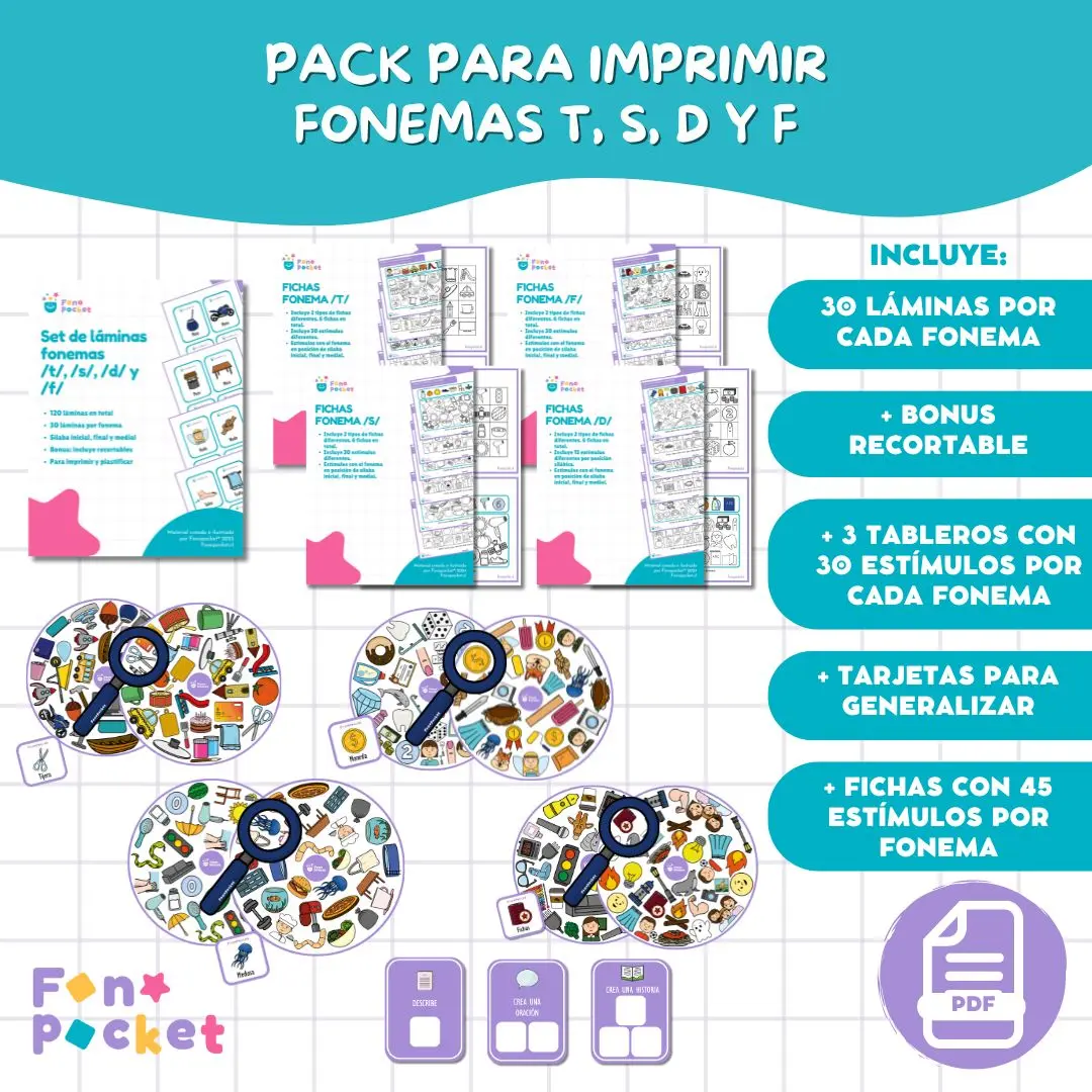 Pack imprimibles Fonemas /t/, /s/, /d/ y /f/