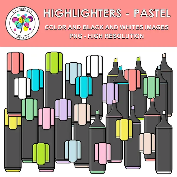 Clipart Highlighters School Supplies Color BW Markers Pastel 33 Objects