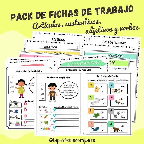 Pack fichas de artículos, sustantivos, adjetivos y verbos @laprofealecomparte