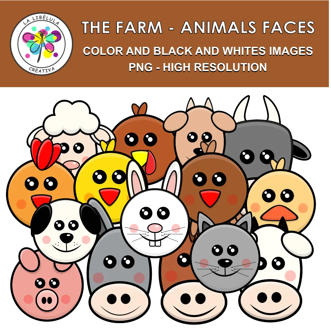 Clipart Colored Farm Animals Kawaii Color Faces Barn Pets BW 30 Set