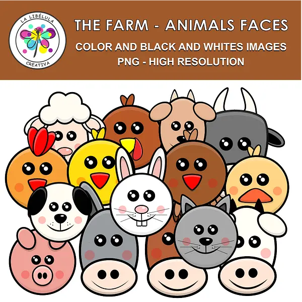 Clipart Colored Farm Animals Kawaii Color Faces Barn Pets BW 30 Set