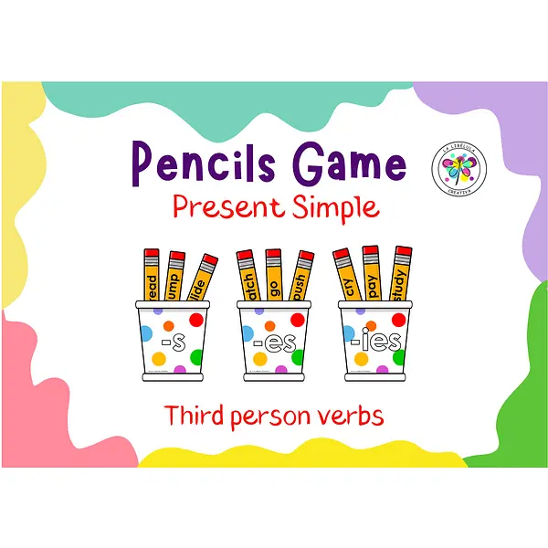 ESL English Present Simple Tense Pencil Game Verbs Third Person Color Cut