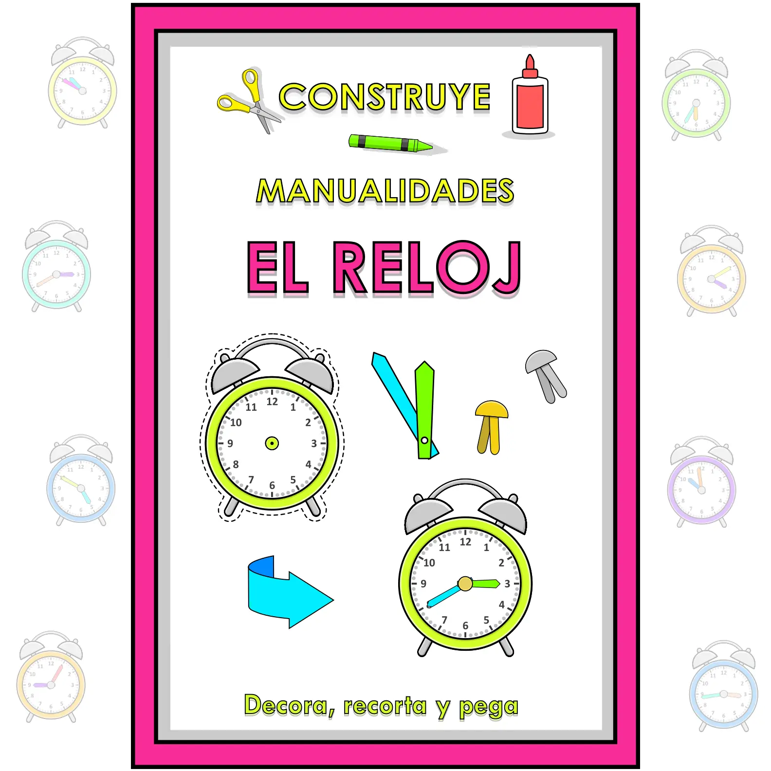 Spanish Build Clock Math Construye Reloj Matemáticas Craft NO PREP Neon