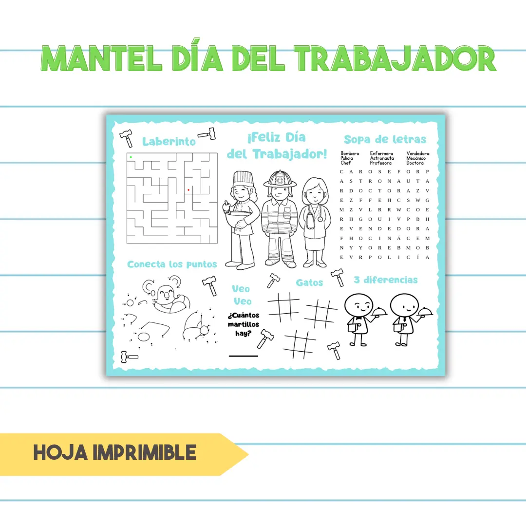 Gratis Mantel (Placemat) de Actividades Día del Trabajador | Hoja Imprimible