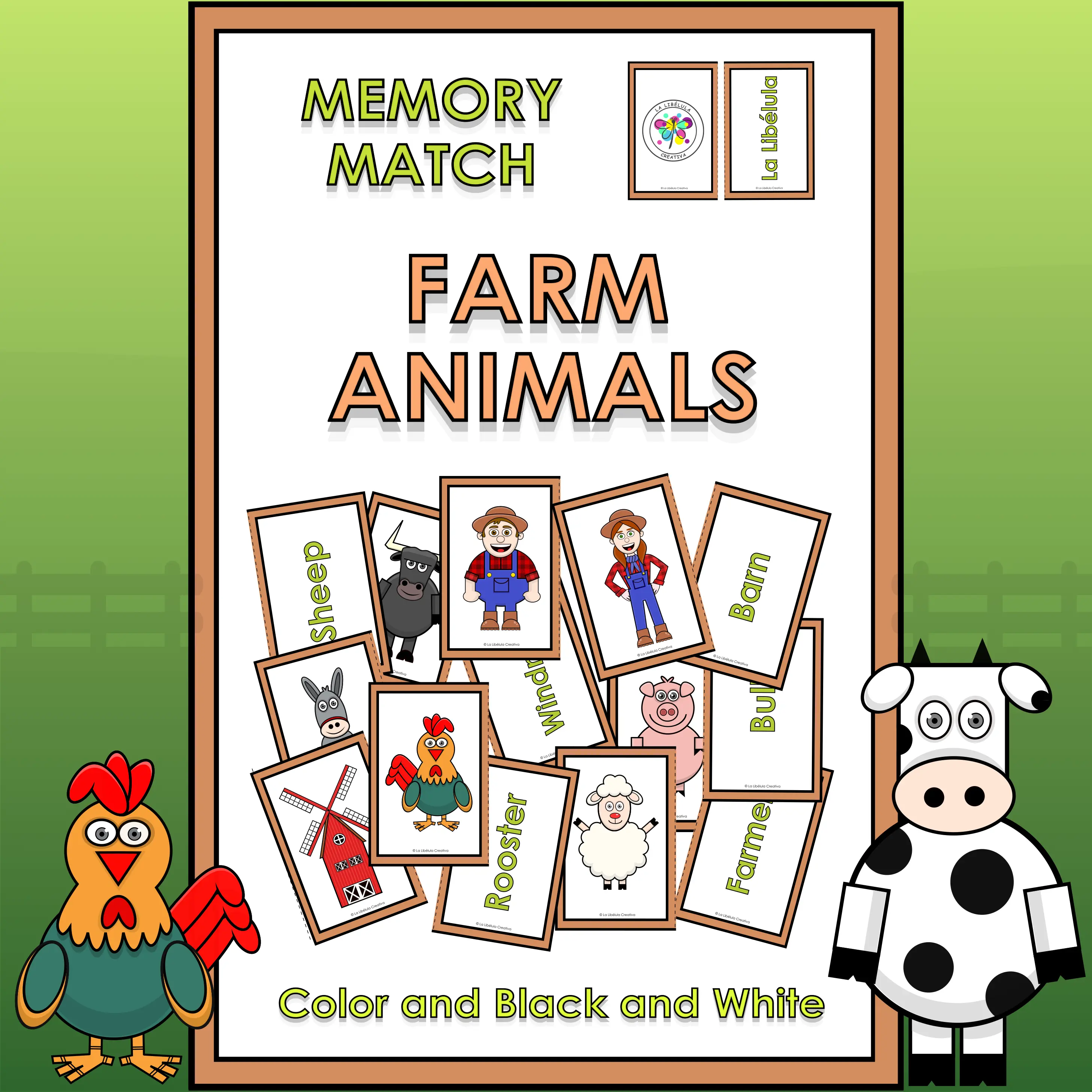 Memory Match Game Farm Animals Pairs Color BW Vocabulary Cut NO PREP