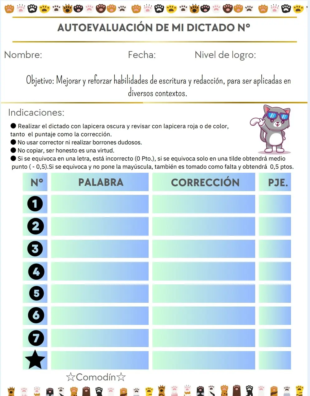 PLANILLA DICTADO AUTOEVALUACIÓN