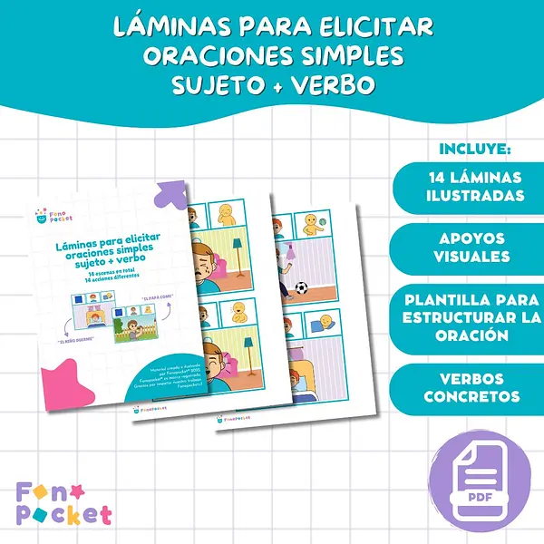 Láminas imprimibles para elicitar oraciones simples sujeto + verbo