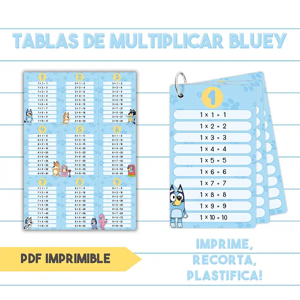 Tablas de Multiplicar de Bluey Para Imprimir| Tablas 1 al 12 en PDF y PNG