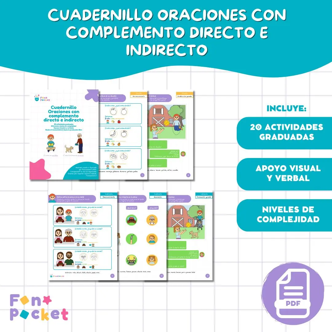 Cuadernillo imprimible para trabajar Oraciones con complemento directo e indirecto