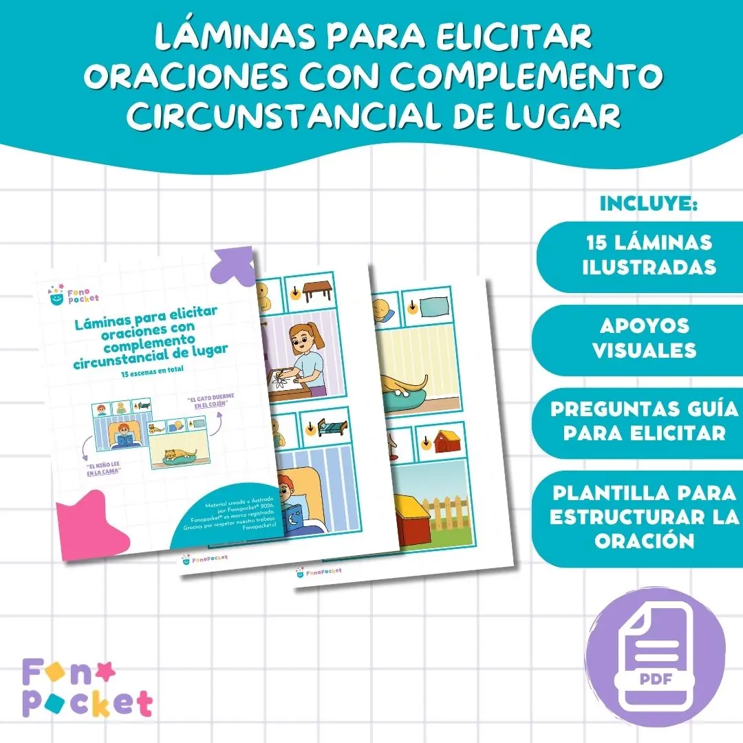 Láminas imprimibles para elicitar oraciones con complemento circunstancial de lugar